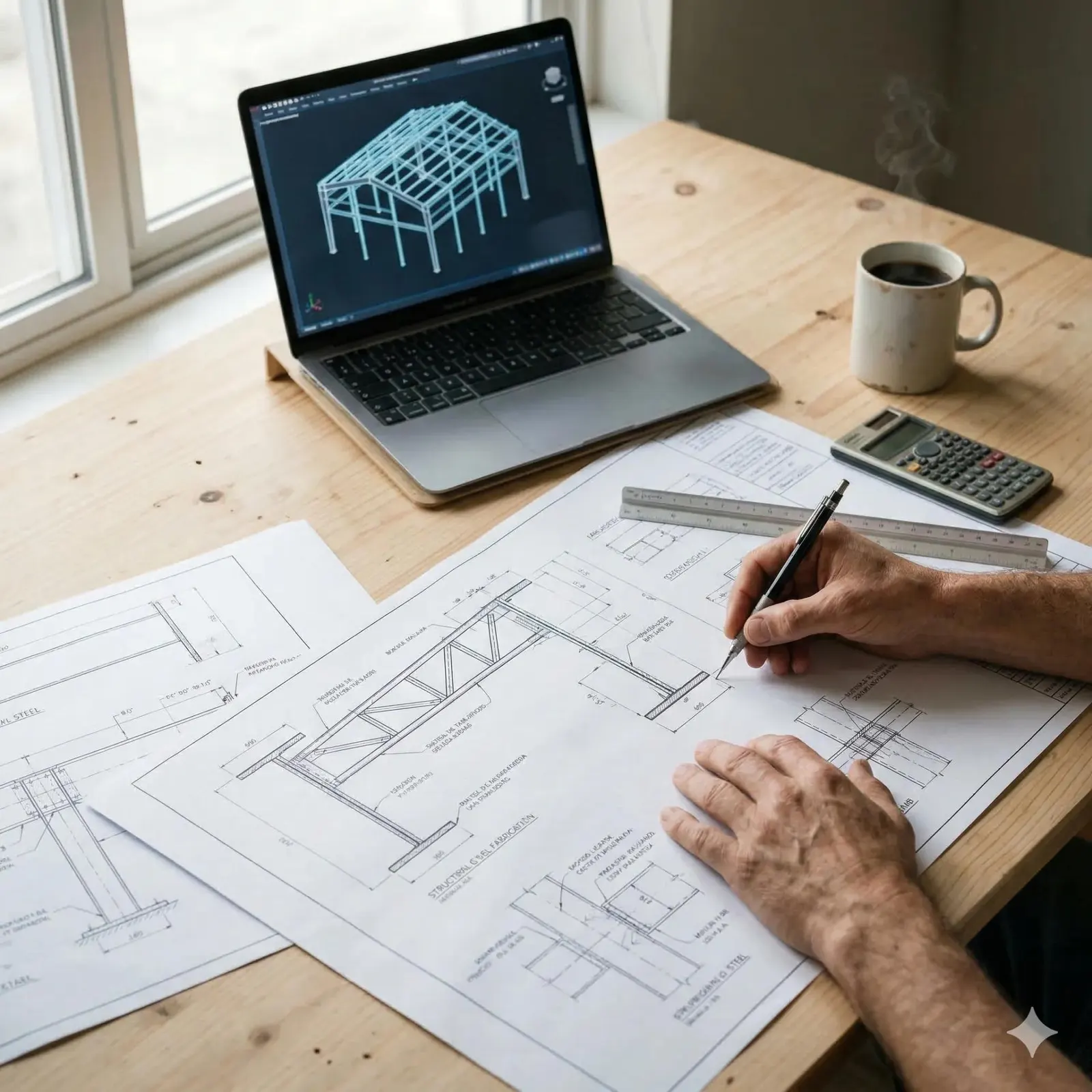 Structural engineer reviewing a steel frame model and calculations on a laptop
