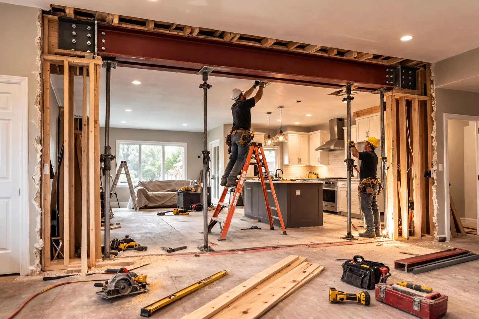 Steel beam being installed during a load-bearing wall removal