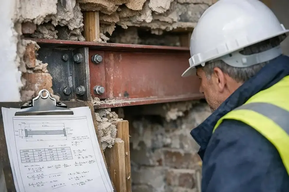 Structural engineer reviewing a beam calculation against the steel on site