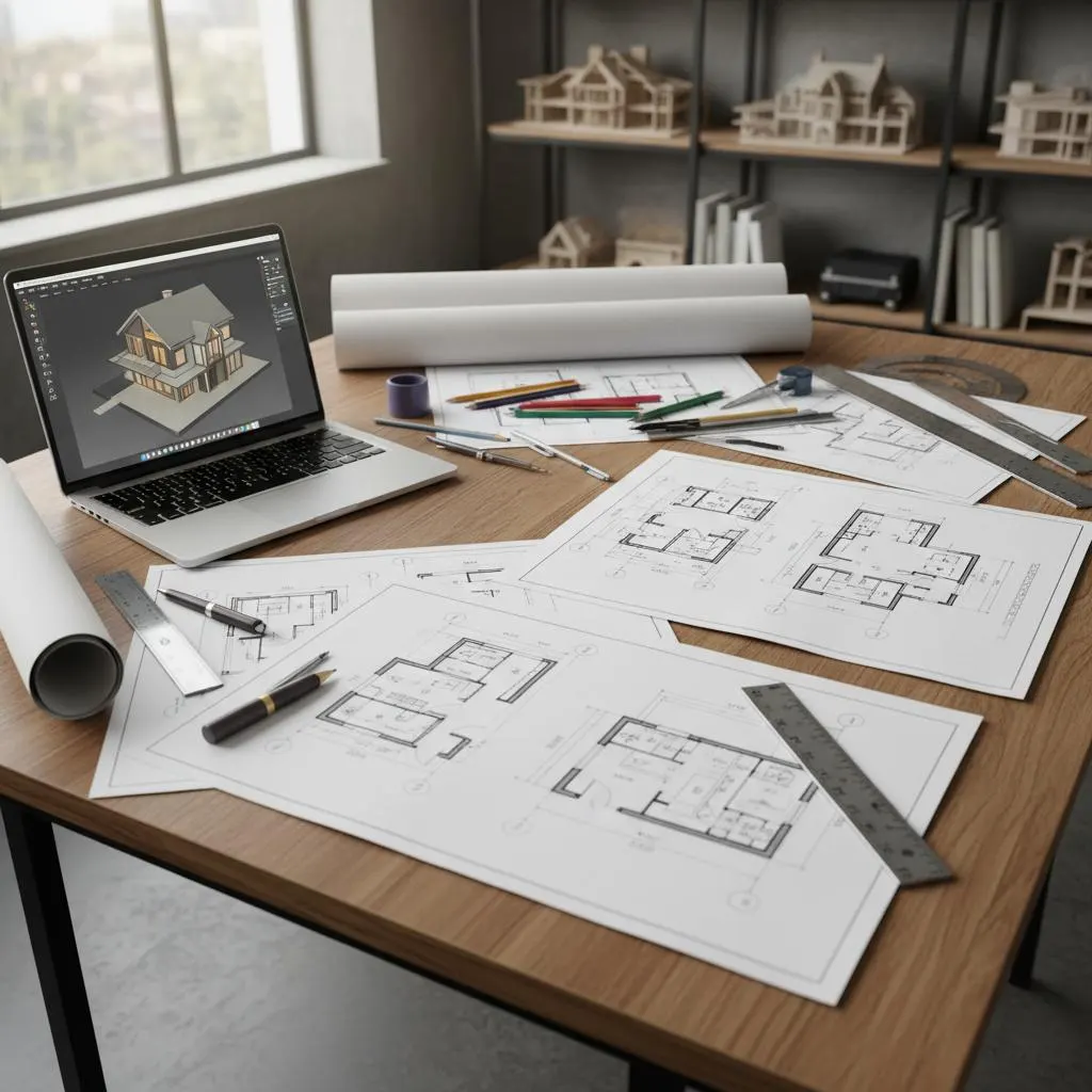 Architect's desk with a laptop showing a 3D model, floor plans and drafting tools